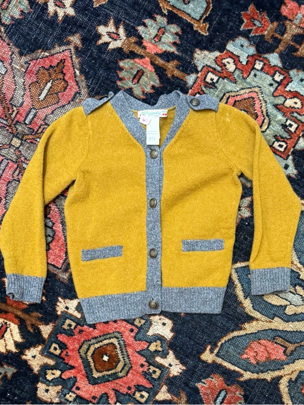 Bonpoint Mustard Cardigan with Gray Trim